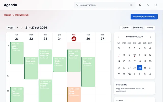 Schermata Agenda: la settimana con gli appuntamenti fissati da Gina